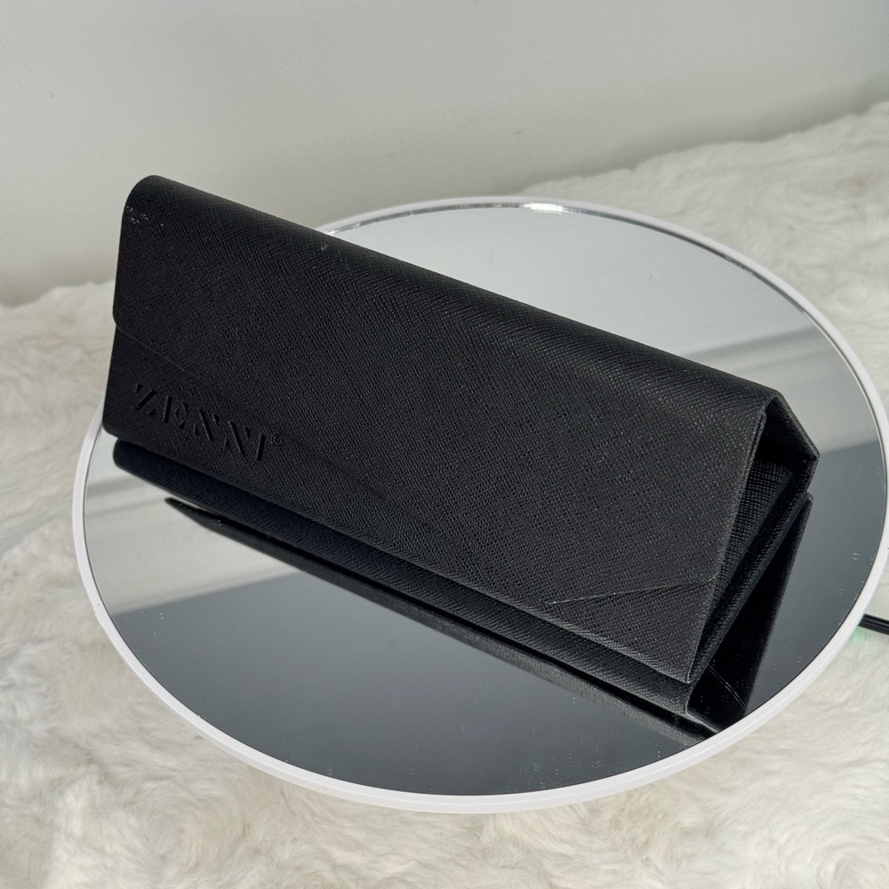 Black Tri-Fold Zenni Eyeglass Case, vegan leather, folds flat for storage